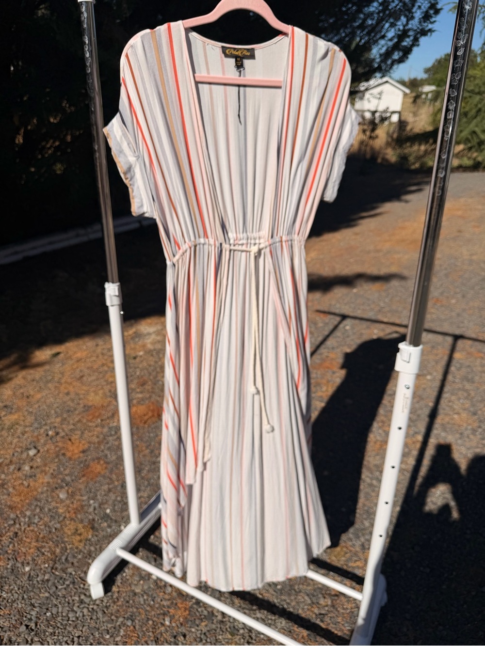 V-Neck High-Low Stripe Maxi Duster— Cream with Coral & Tan Stripes
